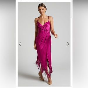 ShowPo Rholie Fringe Hem Wrap Cocktail Dress in Pink Jewel Tone